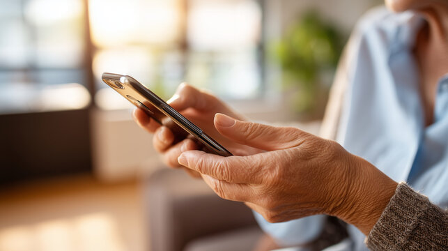 Close-up of patient hands holding smartphone with intentionally blurred unreadable telehealth app screen during remote consultation at home, only hands forearms and phone visible,