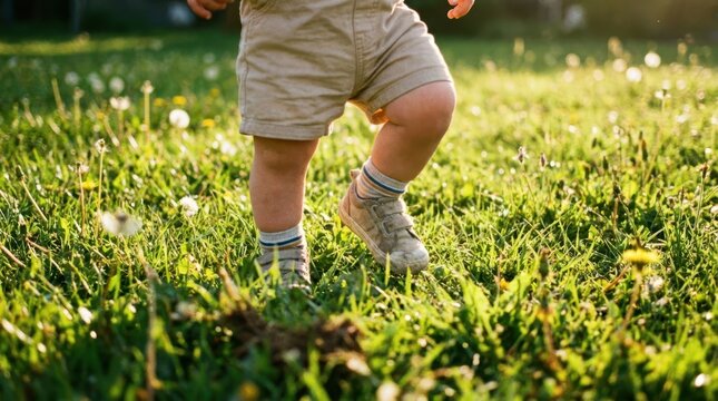 Toddler's legs and feet walking through a sunlit grassy field with dandelions