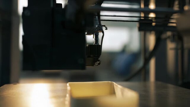 Industrial 3d printer extruding molten plastic in precise layers on a reflective print bed, showcasing automated additive manufacturing, prototyping and advanced industrial fabrication