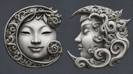 Fototapeta premium Artistic lunar face sculptures depicting profile and front views on dark backdrop