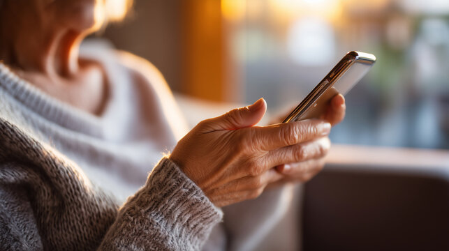 Close-up of patient hands holding smartphone with intentionally blurred unreadable telehealth app screen during remote consultation at home, only hands forearms and phone visible,