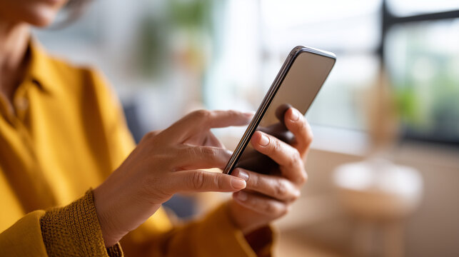 Close-up of patient hands holding smartphone with intentionally blurred unreadable telehealth app screen during remote consultation at home, only hands forearms and phone visible,