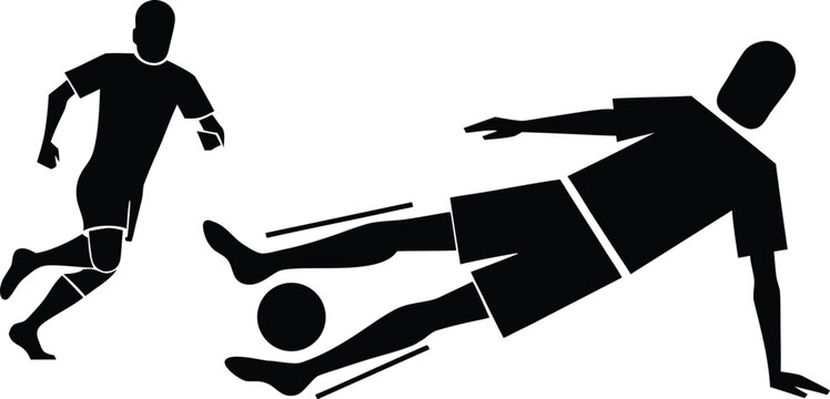 Black silhouette soccer players, kicking ball, action scene, sports icons, football illustration
