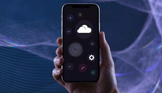 Hand holding a smartphone with a dark interface featuring a cloud a spiral and circular controls, against a blurred purple wave