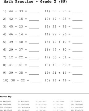 Printable Math Test Addition and Subtraction 2nd Grade Vector. A comprehensive math test worksheet for 2nd grade covering addition and subtraction problems.