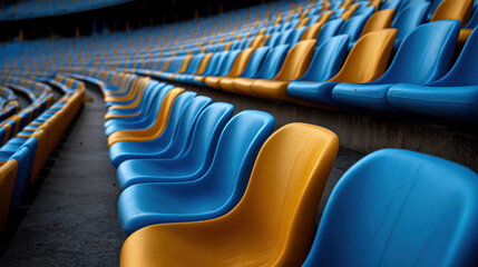 Fototapeta premium Stadium seating blue seat gold seat empty seat row arena curve perspective pattern interior