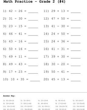 Printable Math Test Addition and Subtraction 2nd Grade Vector. A comprehensive math test worksheet for 2nd grade covering addition and subtraction problems.