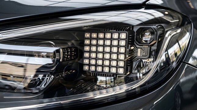 A close-up view of a sleek car headlight with LED lights