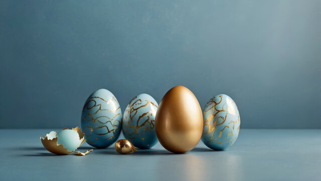 Luxury marble blue easter eggs and central golden egg with broken shell piece