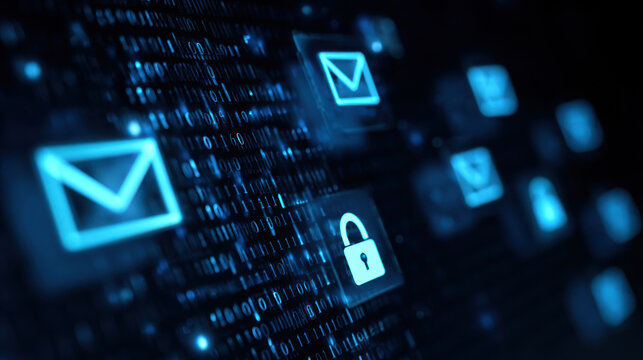 Digital email icon background with blue security lock and binary data, abstract cyber communication network