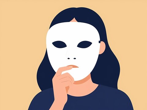 Vector illustration of a dark haired woman wearing a full white mask while touching her chin in deep thought or contemplation.