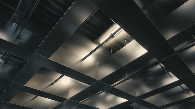 Industrial ceiling structure featuring metallic beams, reflective panels, and linear fluorescent lights creating patterns of illumination and shadow in a modern architectural design