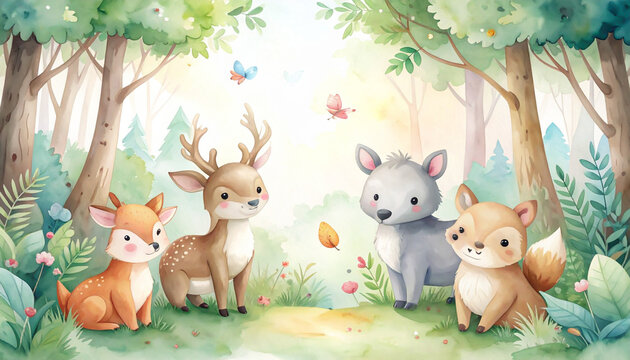 Aquarell Waldtiere f&uuml;r Kinderzimmer und Babyparty