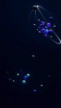 Glowing abstract spheres orbit in a cosmic cluster against a dark mysterious background.