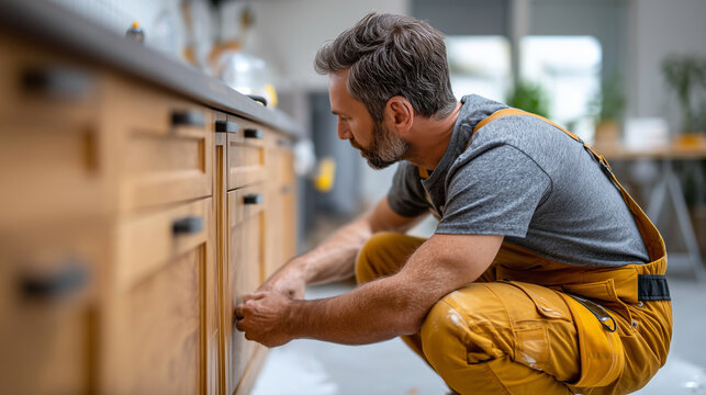 Professional photo of a furniture installer viewed from behind crouching to attach base unit of bespoke kitchen to freshly tiled floor in modern interior under construction, only b