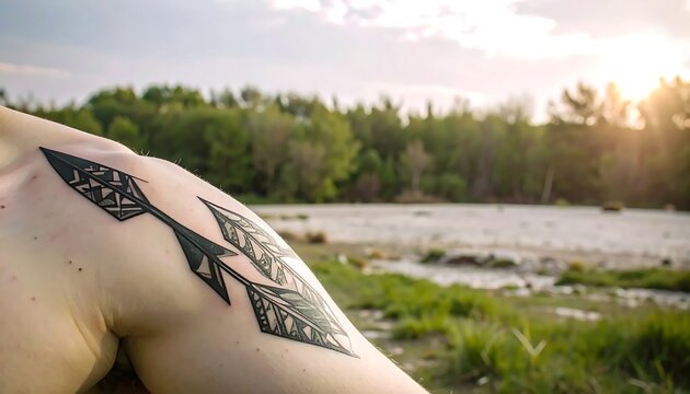 Geometric Arrow Tattoo on Bare Shoulder in Riverside Nature at Sunset