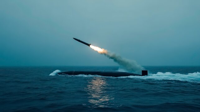 In the middle of the ocean, a generic military nuclear submarine fires an underwater torpedo.