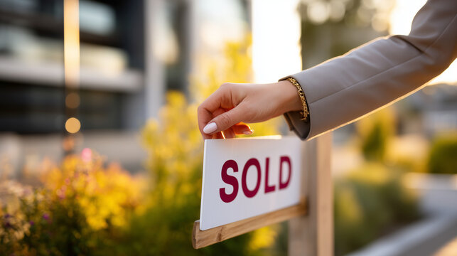 Cinematic close-up of female real estate agent hand placing sold property sign into front garden of modern home, only hand forearm and sign post visible, well-manicured nails clean