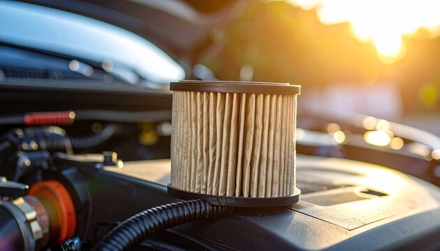 A brand new automotive oil filter sitting on top of an open car engine compartment during a beautiful golden hour sunset light display.