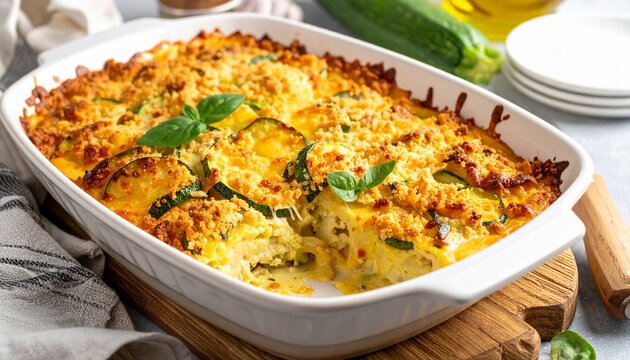 A delicious homemade zucchini gratin baked in a white ceramic dish featuring a golden crust topped with fresh green basil leaves on a table.