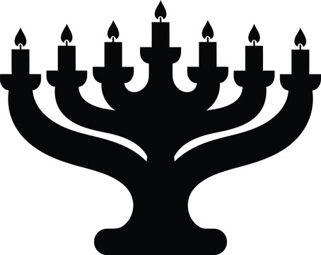 Graphic silhouette design of traditional nine branched menorah with seven candles.