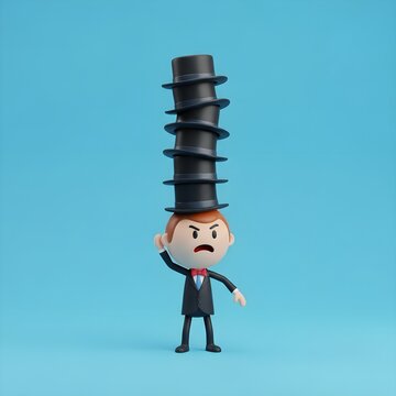 Grumpy character wearing a stack of multiple top hats