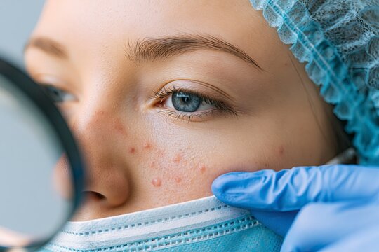 Close-up of a dermatologist examining acne on a patient's cheek with a magnifying glass, professional skincare procedure and skin treatment concept.