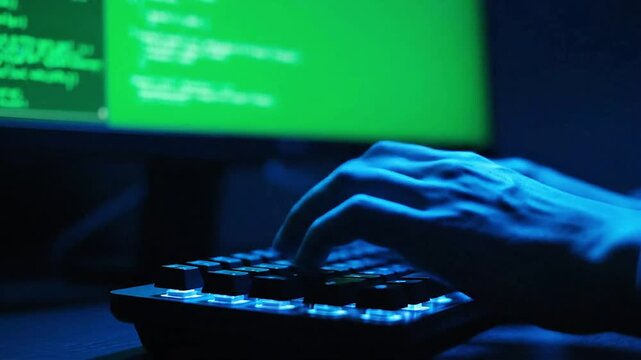Software developer typing code on backlit keyboard in dark office environment