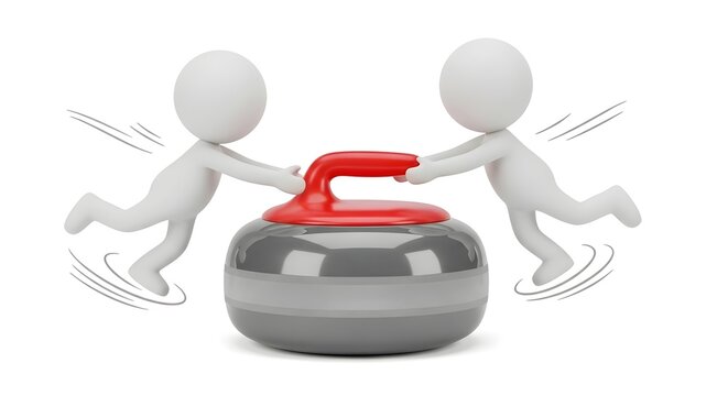 Stylized figures pushing a large curling stone on ice