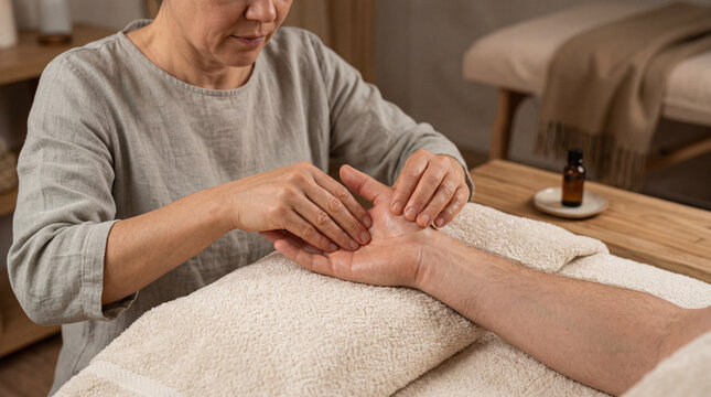 Mature female therapist performing reflexology palm massage on man's hand in professional spa environment for relaxation and wellness