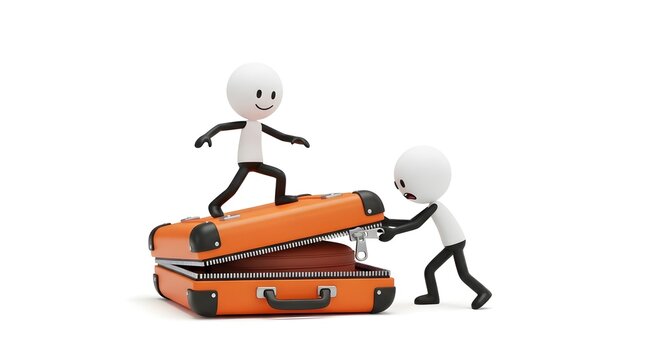 Two characters trying to close an overfilled orange suitcase