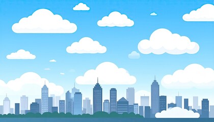 Obraz premium Cartoon city skyline with fluffy clouds in a blue sky