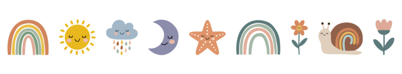 Set of boho nursery icons for kids room decor and baby apparel. Cute rainbow, sun, cloud, moon, starfish, snail, flower symbol. Earthy tone graphic collection. © Viktoriia