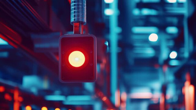 Red warning light blinking in a high tech industrial facility, indicating a critical process operating or alert state within intelligent factory automation and manufacturing infrastructure