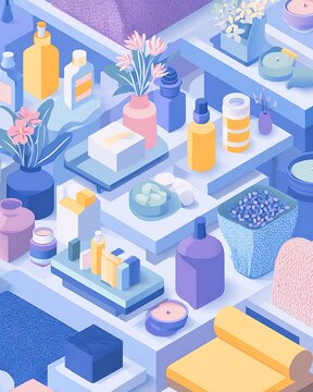 Isometric pastel spa and self care product display with bottles, jars, candles, soaps, plants and towels on tiered shelves