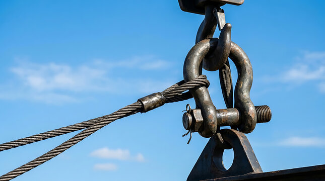 Heavy shackle connecting a thick steel cable against a blue sky