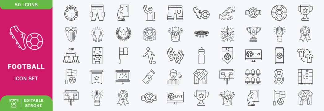 Set of 50 outline icons related to football, soccer. Linear icon collection. Editable stroke. Vector illustration