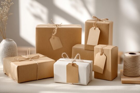 Minimalist kraft and white gift boxes with blank tags and twine on table