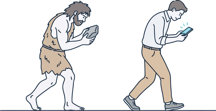 Human Evolution Comparison from Caveman to Modern Man with Smartphone