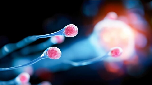 Glowing sperm cell reaching an egg in a microscopic fertility scene, representing conception, IVF treatment, and reproductive medicine