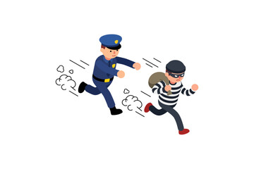 Fototapeta premium Policeman chasing thief with loot bag isometric illustration