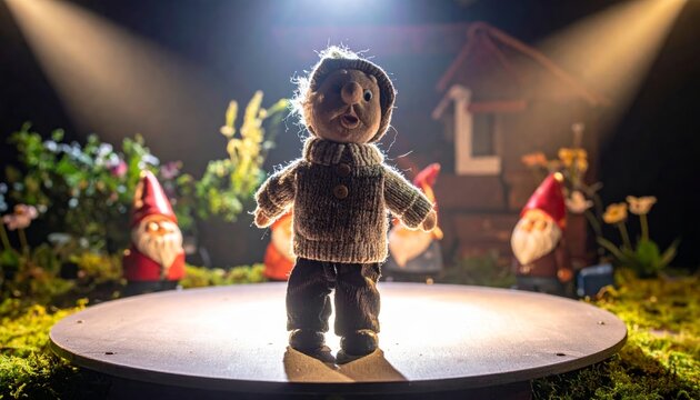 A charming sock puppet character in a knitted sweater and hat performs on a stage before an audience of garden gnomes.