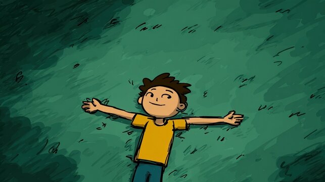 Joyful child relaxing outdoors arms outspread on green field