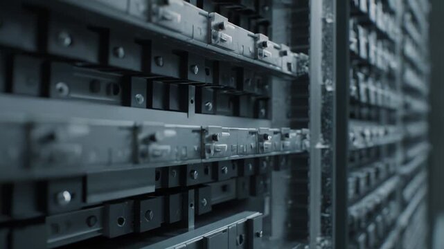 Metal server racks presenting modern digital engineering infrastructure with intricate mechanical details and electronic hardware on rows of advanced data storage