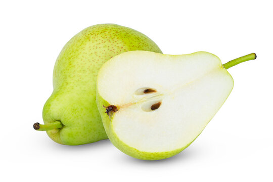 Isolated green pears. Whole pear and a half green pear fruit isolated on white, clipping path.
