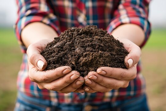 Close-up of person holding a handful of dark, fertile soil in an agricultural field, symbol of organic farming and earth conservation.