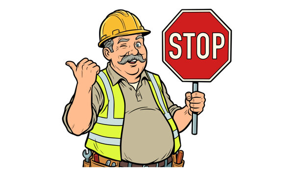 Construction worker holding stop sign winking on white background