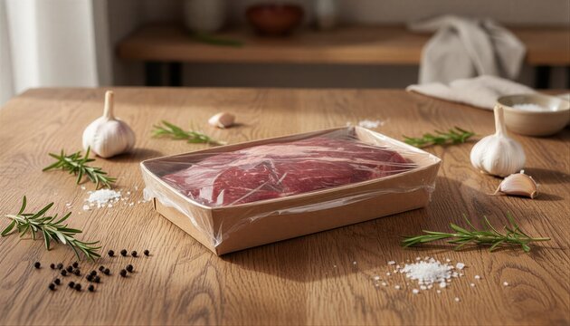 Raw beef flank steak in organic packaging with fresh herbs