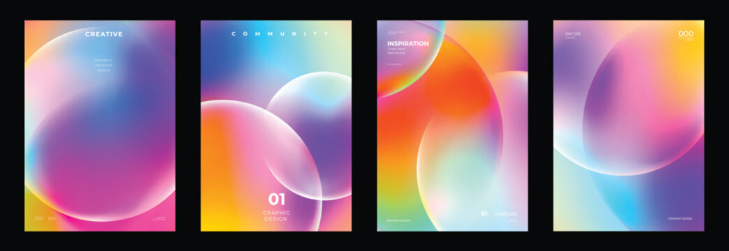 Abstract gradient Pride Month poster vector set with colorful geometric backgrounds, rainbow mesh, blurred shapes, overlapping curves and modern LGBTQIA+ celebration cover designs.