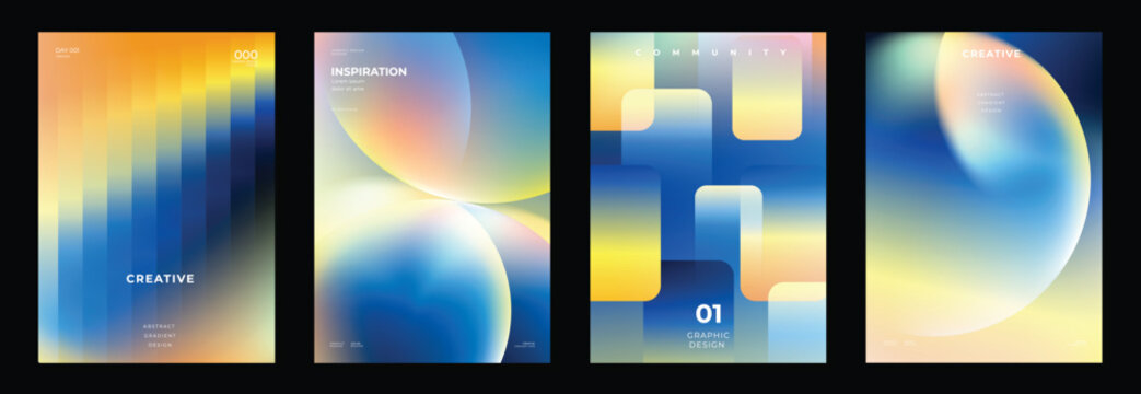 Abstract gradient vector poster set with soft pastel geometric backgrounds, glowing circles, curved ribbons, rounded vertical bars, warm light colors and modern minimal cover designs.